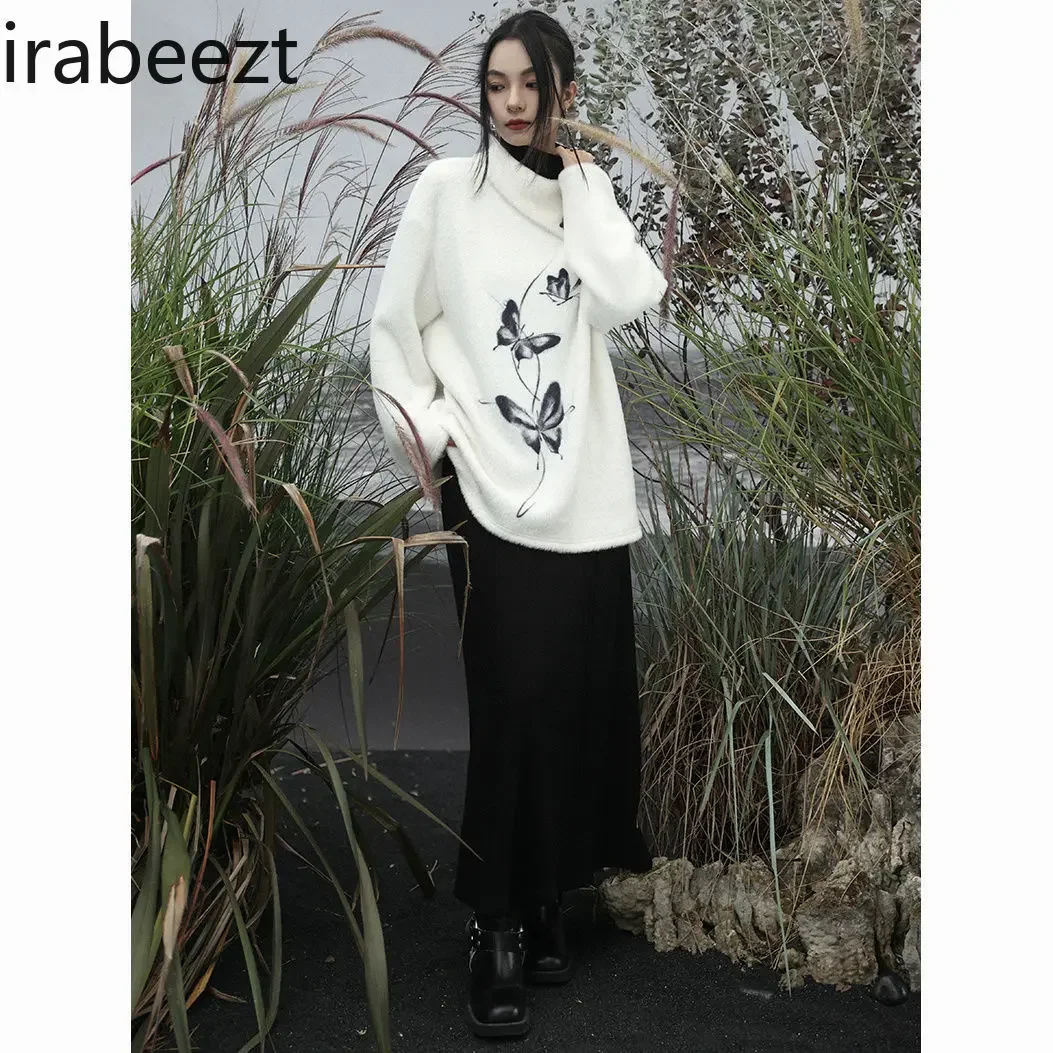 National Style Butterfly Print Design Sense Knitted Top for Women in Winter Base Coat Imitation Mink Velvet Sweater Coat