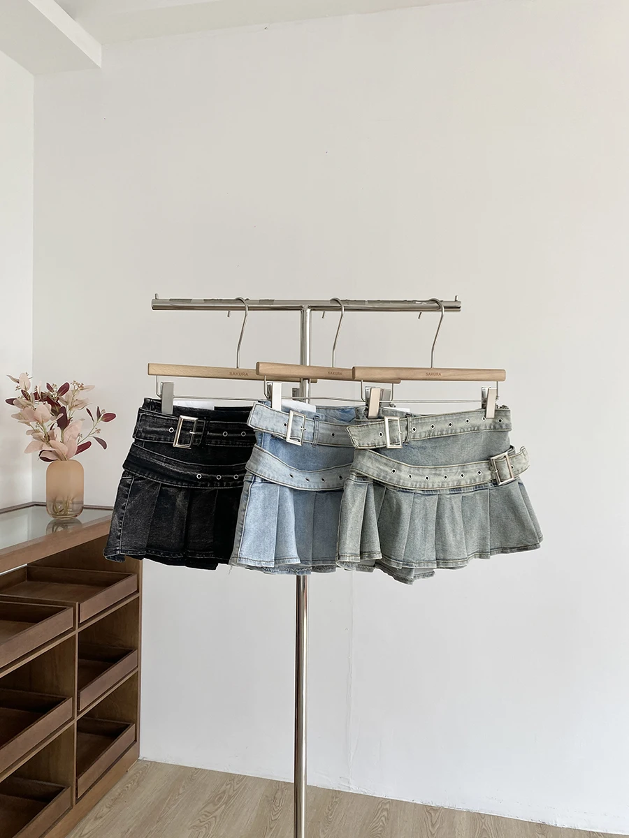 

Slimming High Waist Denim Pleated Skirt Y2K Retro Sexy ort Skirt for Women Commute Polyester Fiber Zipper Sle