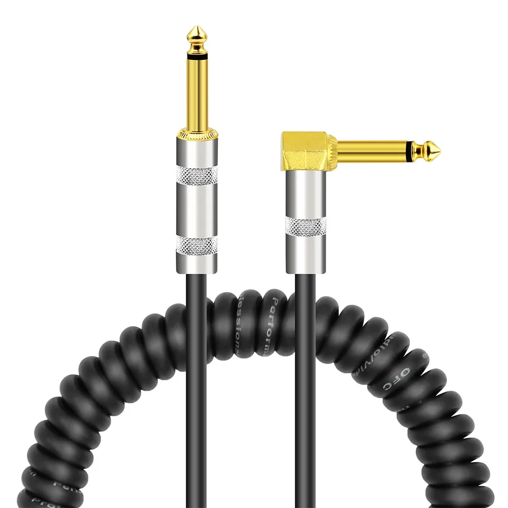 Curly Musical Instrument Audio Guitar Cable Cord 1/4 Inch Straight to Right-angle Gold-plated TS Plugs PU Jacket for Guitar Bass