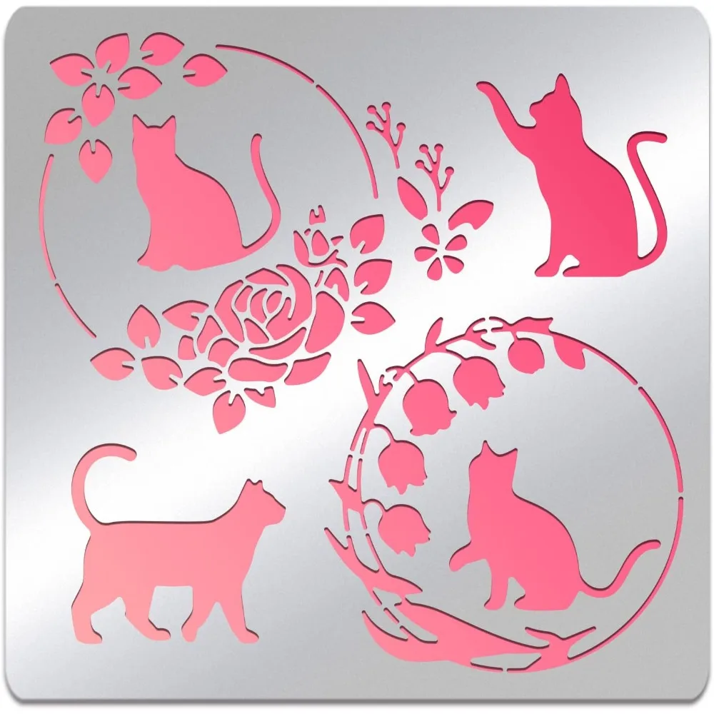 

Cat Pattern Stainless Steel Painting Stencils 6x6 inch Rose Wreath Bellflower Reusable Art Stencil Templates for Wood Burning