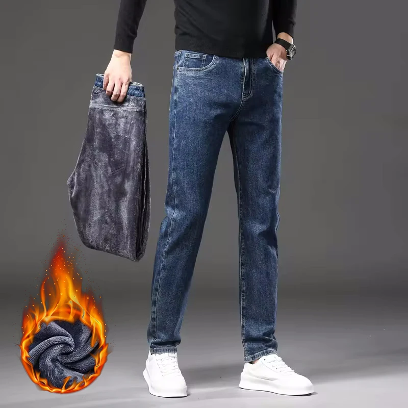 3 cores novas calças de brim quentes de lã masculina inverno grosso veludo negócios clássico fino ajuste calças estiramento casual denim calças masculinas