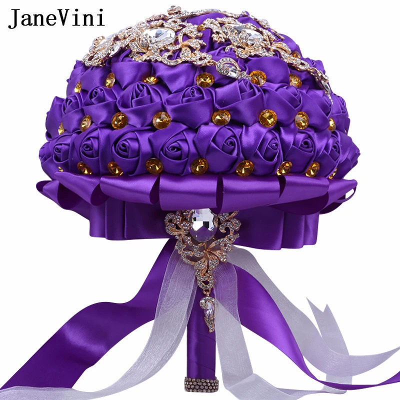 JaneVini 24cm Vintage Purple Gold Gemstone Wedding Bouquet with Rhinestones Crystal Royal Luxury Bridal Flowers Bride Ribbon