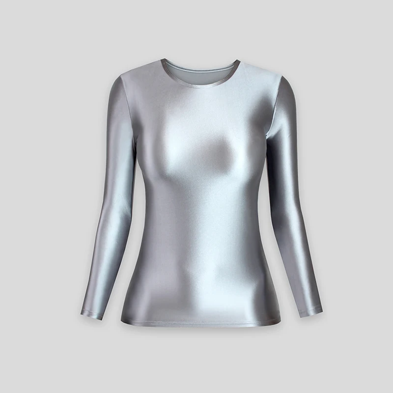 XCKNY satin glossy Long Sleeve Elastic high Neck Tight Sports Basic Shirt solid shiny top Casual Fashion T-shirt