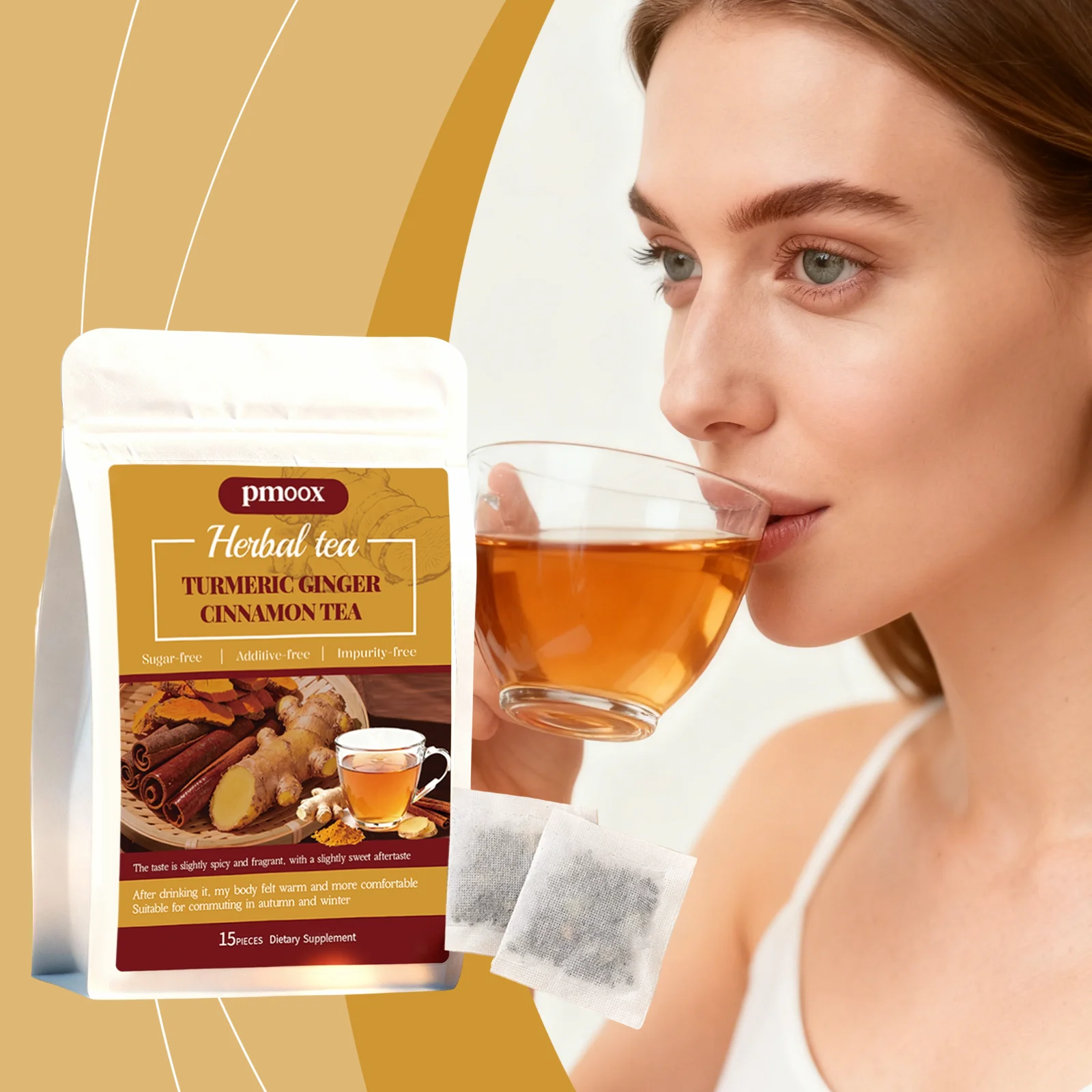 Té de Canela y Cúrcuma con canela de Ceilán, bolsitas de té individuales, sin azúcar, cálido y nutritivo, una bebida diaria suave.