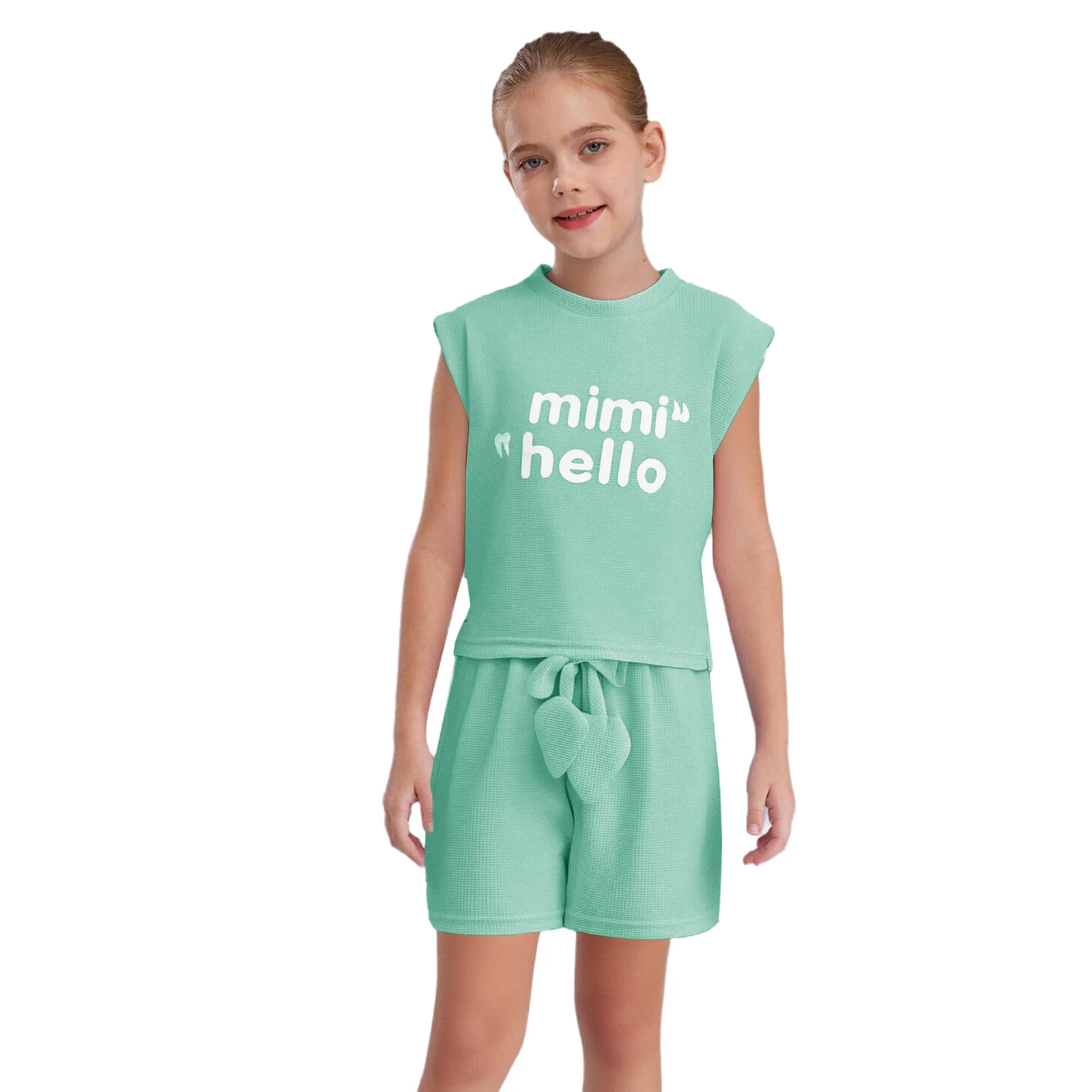 

Kids Girls Casual Clothes Sportwear Summer Letter Print Sleeveless Loose T-Shirt+Shorts Set for Daily Wear Outdoor Activities