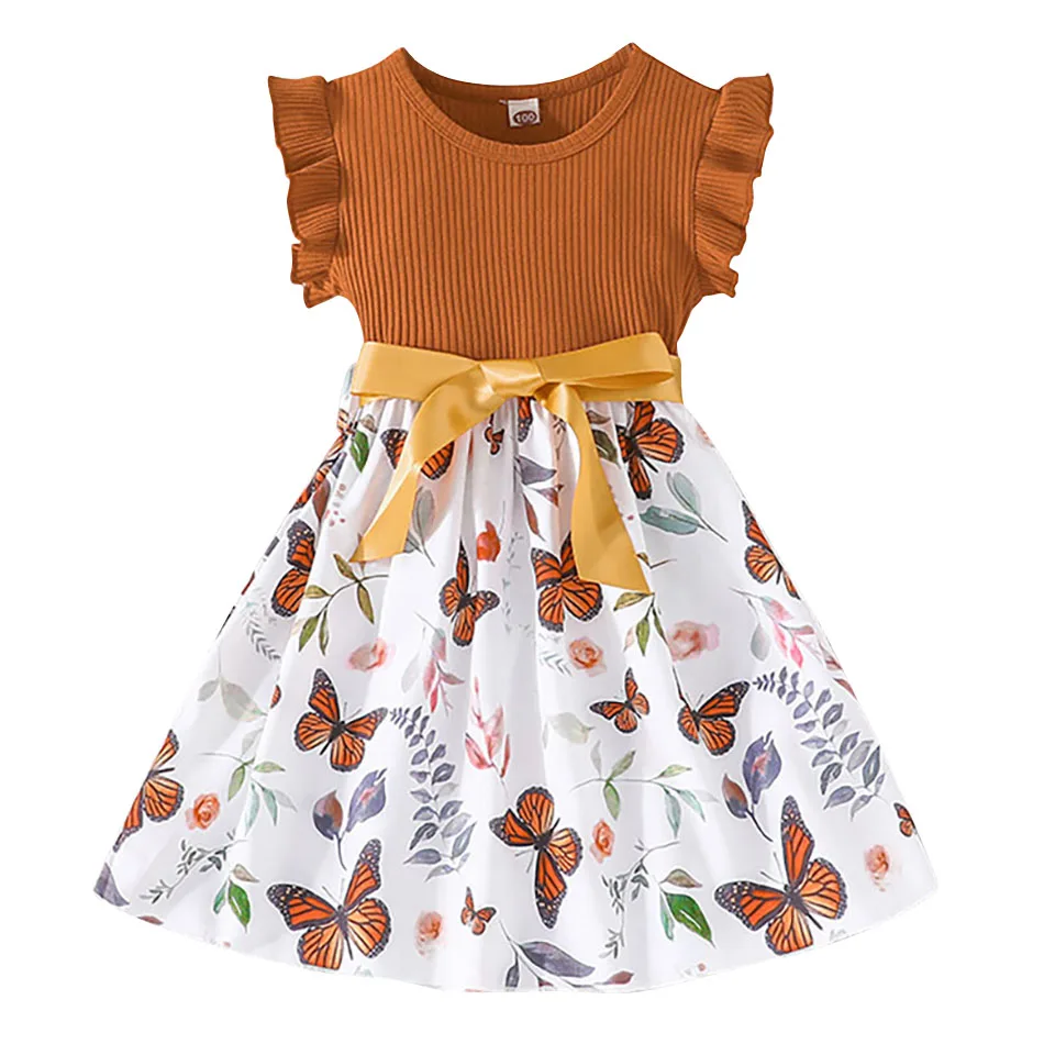 Chic and Playful Girls Summer Casual Dresses with Flutter Sleeves and Pitted Stripes Adorned with Eye Catching Butterfly Prints