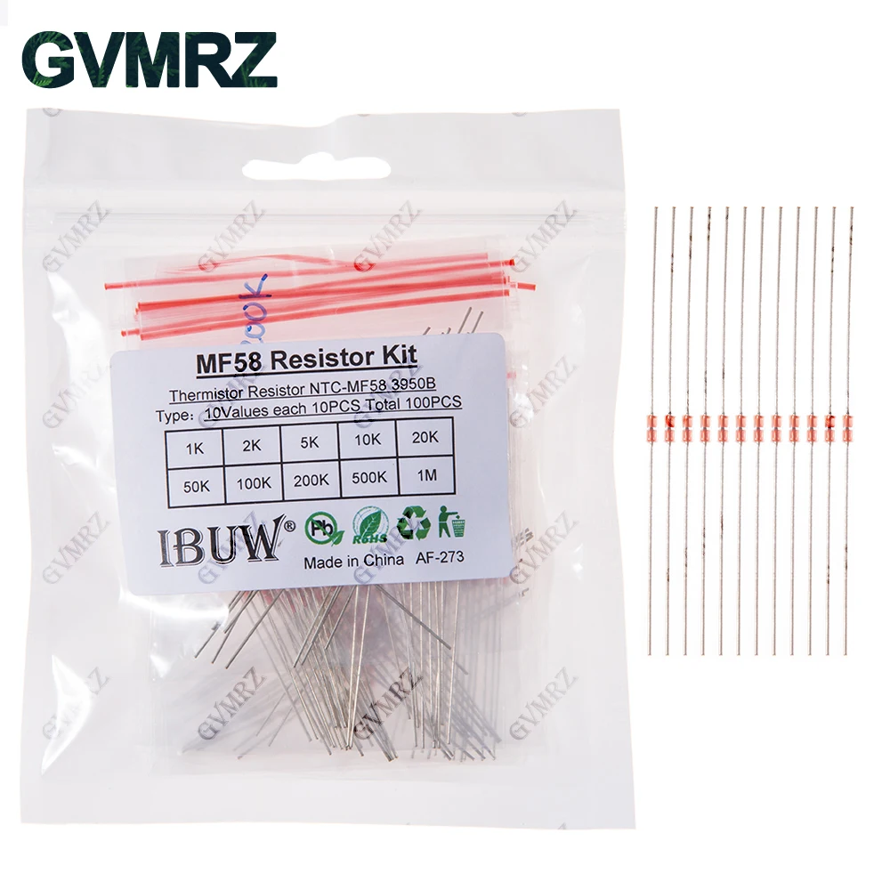 100PCS 10Values MF58 NTC Thermistor Kit 1K-1M 3950B for Temperature Sensing & Circuit Thermal Control Projects