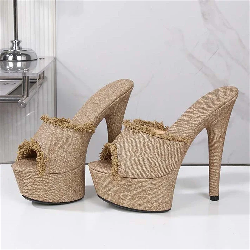 Aneikeh ฤดูร้อนแพลตฟอร์มรองเท้าแตะรองเท้าแตะผู้หญิง Super Thin รองเท้าส้นสูงรองเท้าเซ็กซี่ Designer DENIM จัดเลี้ยงสไลด์ Zapatos Mujer
