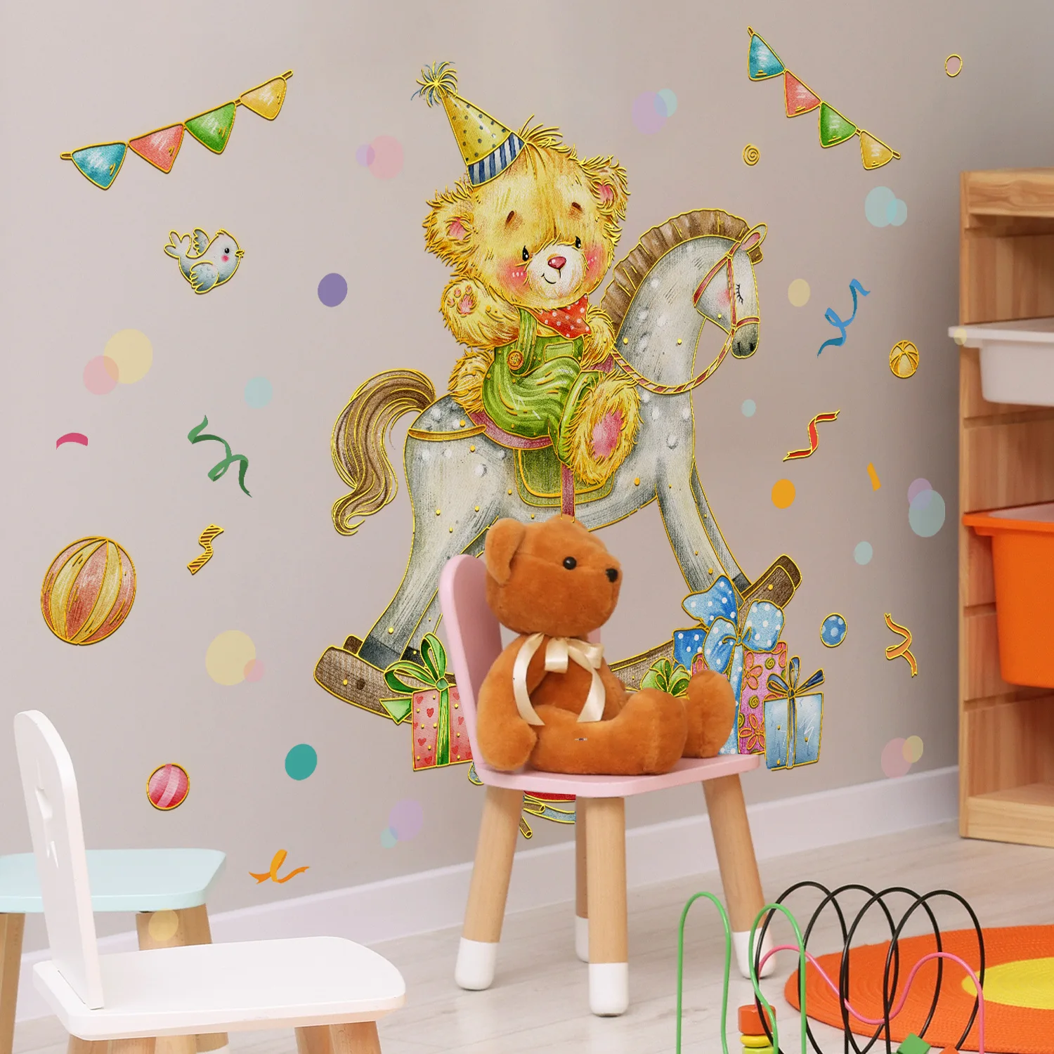 New Floral Fence Wall Decals - Gold Foil Bird, Toy Bear & Pony Stickers for Whimsical Home Decor