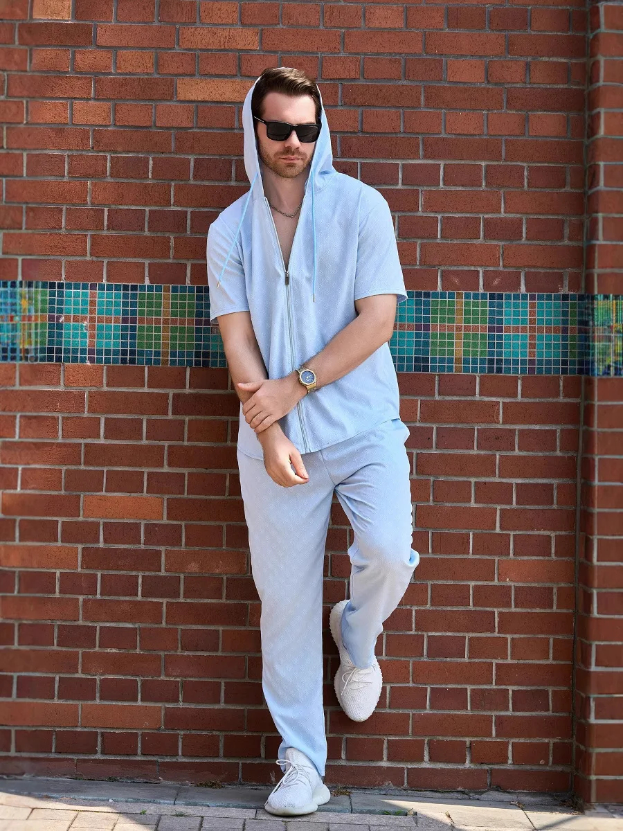 

New Men's Jacquard Texture 2 Piece Outfit Hooded Zip Up Short Sleeve Top Drawstring Pants Streetwear Suit