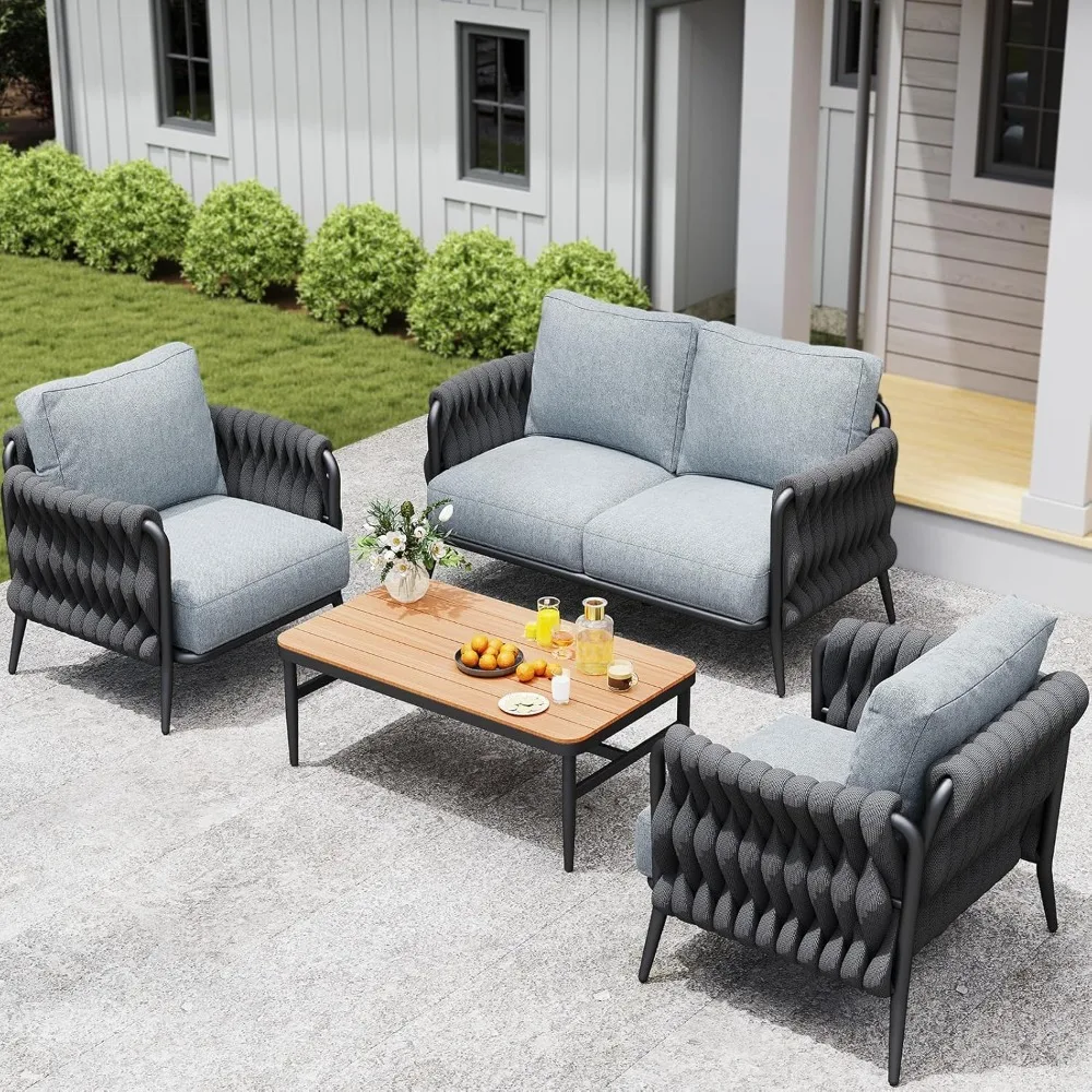 

Outdoor Patio Sofa Set 5-piece, Outdoor 4-seat Couch Set With Coffee Table, Waterproof Thick Cushion Patio Conversation Set, All