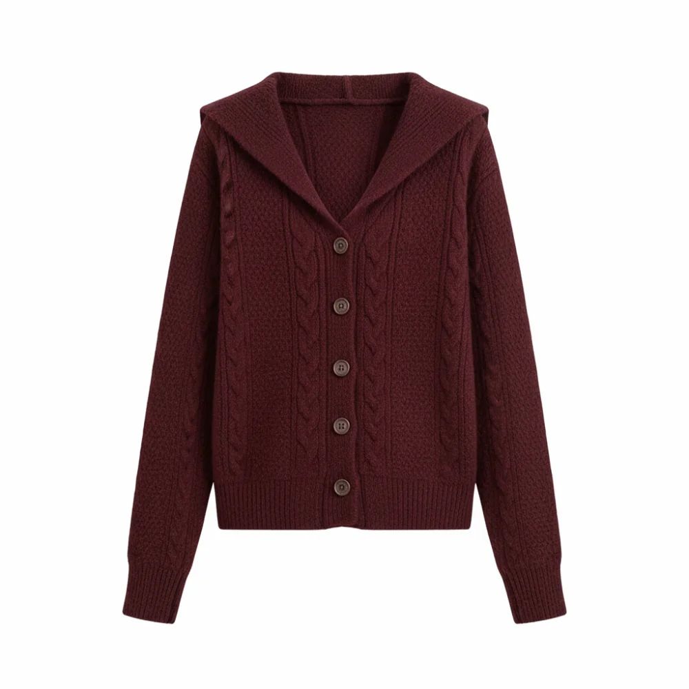 

Flip Collar Grid Crochet Sweater Long Sleeve Autumn Spring Fried Dough Twists Cardigan Preppy Style Loose Sweet Knitwear