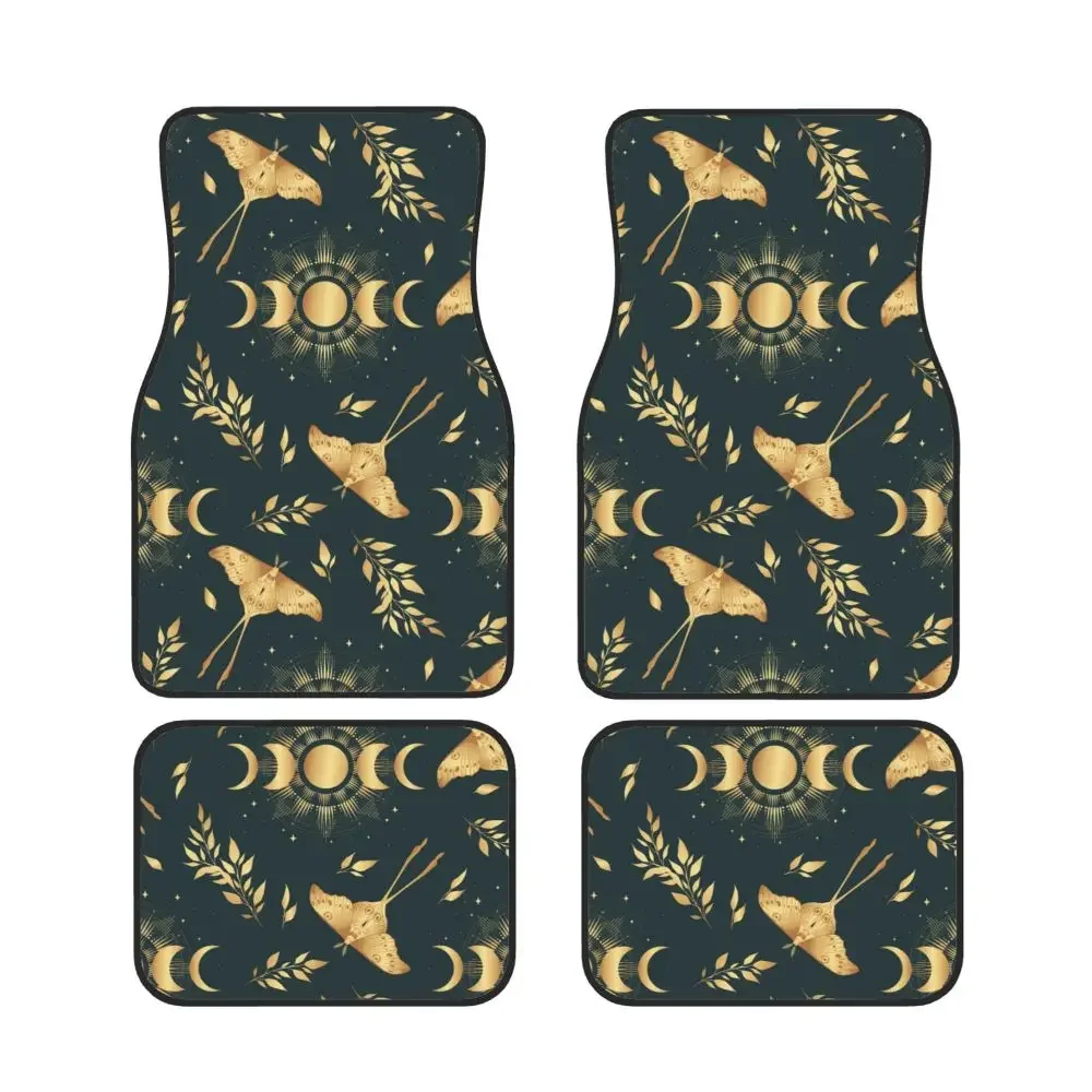 Fashionable Gold Moon Phases and Magin Moon Moth Car Mats Set of 4 Heavy Duty Non-Slip Floor Liners for Most Cars SUVs andTrucks