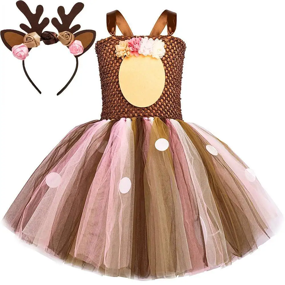 

Pink Brown Flower Deer Costumes for Girls Christmas Reindeer Lined Tutu Dress for Kids New Years Carnival Clothing with Hairbow