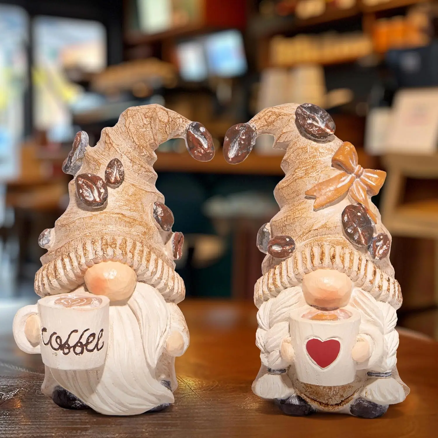 Handcrafted Coffee Gnomes Couple Statue Vintage Resin Sculpture with Beans & Heart Cup, Bar and Home Table Decor