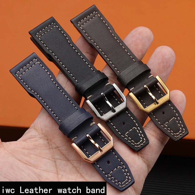 Image of Handgefertigtes Piloten-Rindslederarmband für IWC Echtleder-Herrenarmband 20 21 22 mm Braun Schwarz, weiches Lederarmband