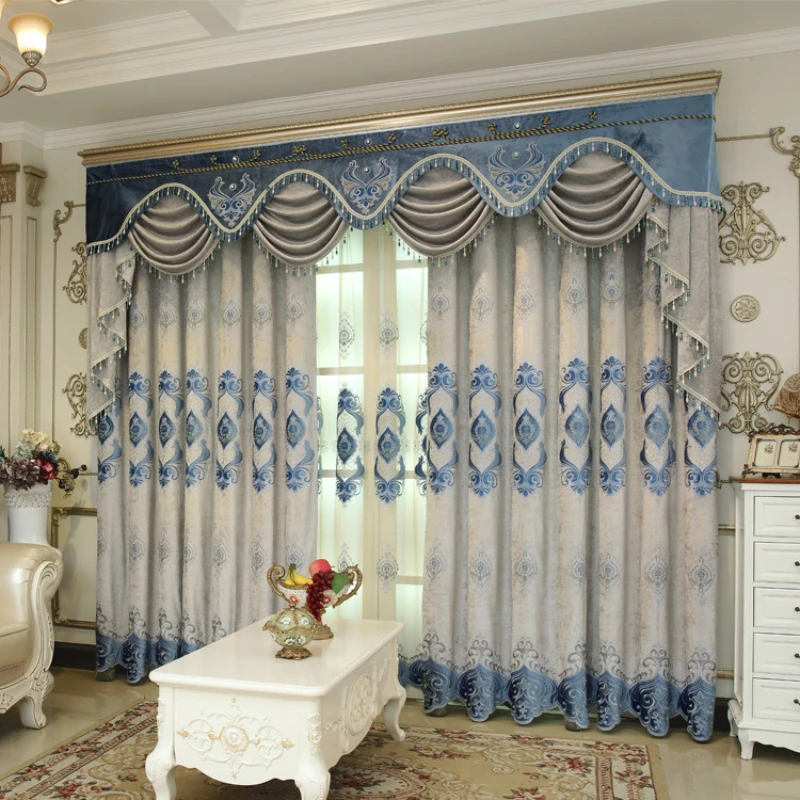 

Blue Chenille European Embroidery Curtains for Living Room Bedroom Dining Custom Size Retro Print Luxury Grace Light Luxury