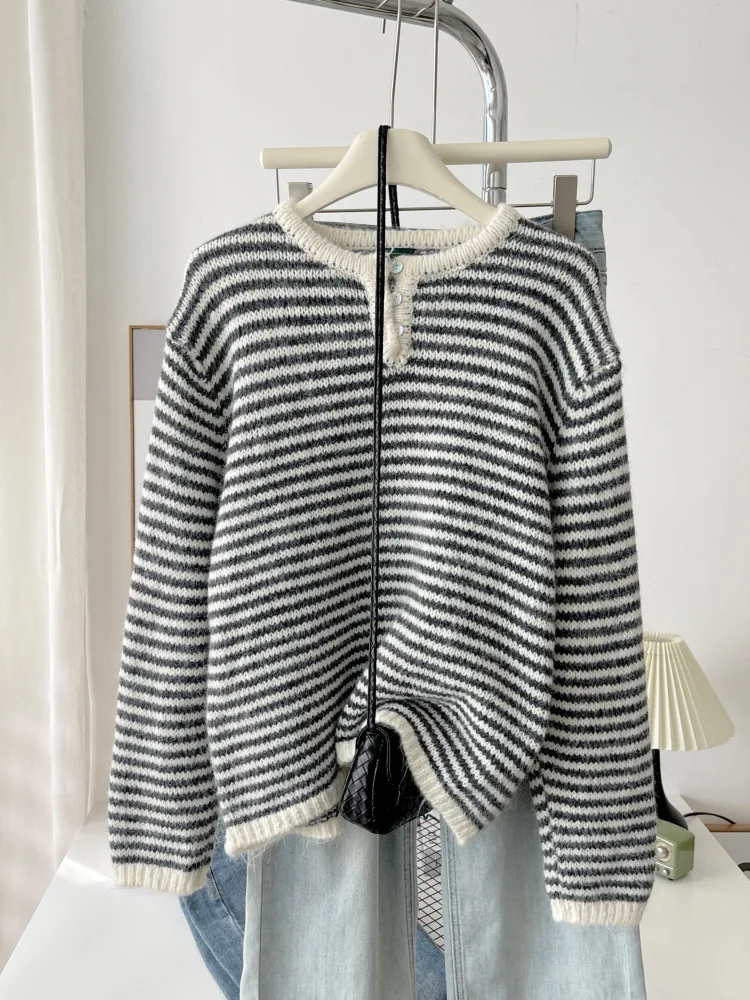 

Laid-ba Sle, круглая полосатая футболка на пуговицах, длинный свитер свека, свободный вязаный топ на осень и зиму, женская мода
