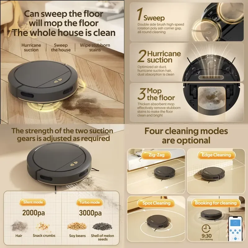 3-in-1 Intelligent APP Control Robot Vacuum Cleaner 3000Pa Suction HEPA Filter Efficient Wet Dry Cleaning for Home