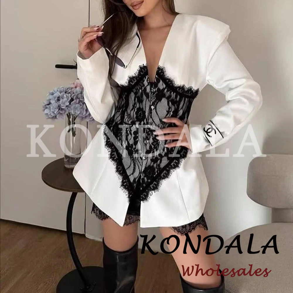 

KONDALA Chic 2026 Office Lady Women Summer Elegant Single Breasted Lace Blazer Sexy Streetwear Patchwork Female V-Neck Jacket