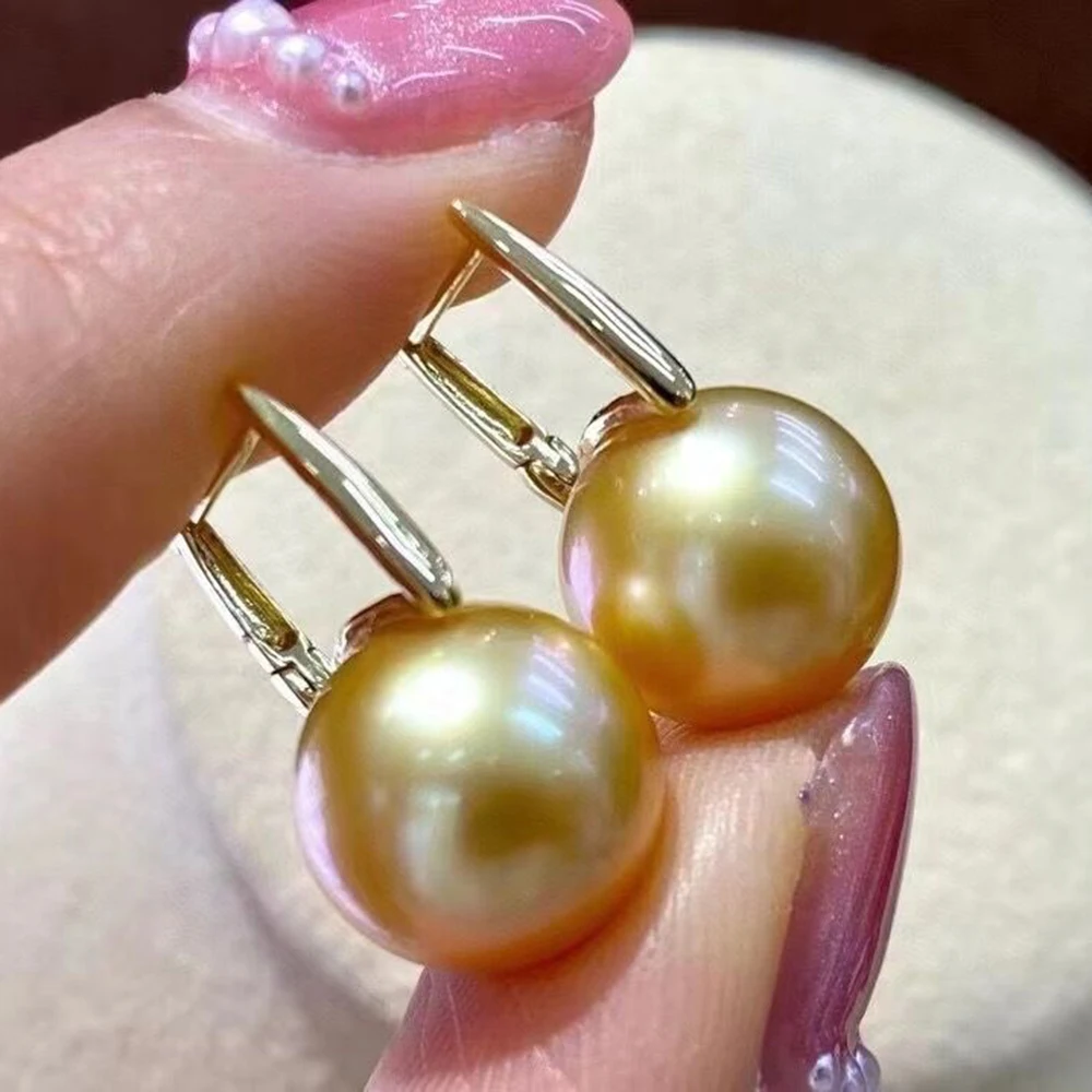 925 Sterling Silver 10-11mm AAAA Real Natural Golden South Sea Round Genuine Pearl Earrings Square Hook Lever Back Free Shipping