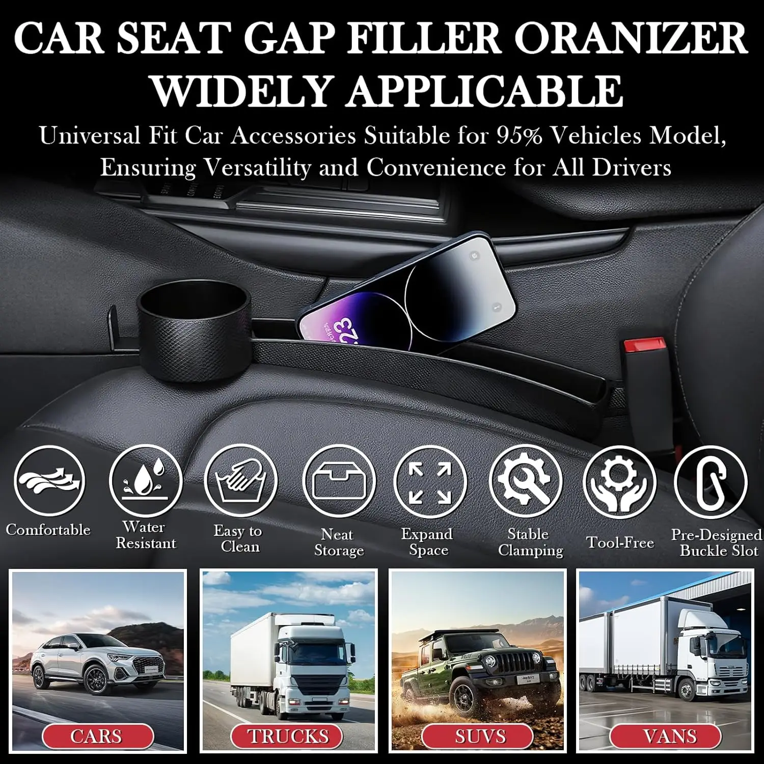 Car Seat Gap Filler Set of 2, Upgraded Car Side Seat Gap Fillers with Organizer, Cup Holder & Hook Function - view 5