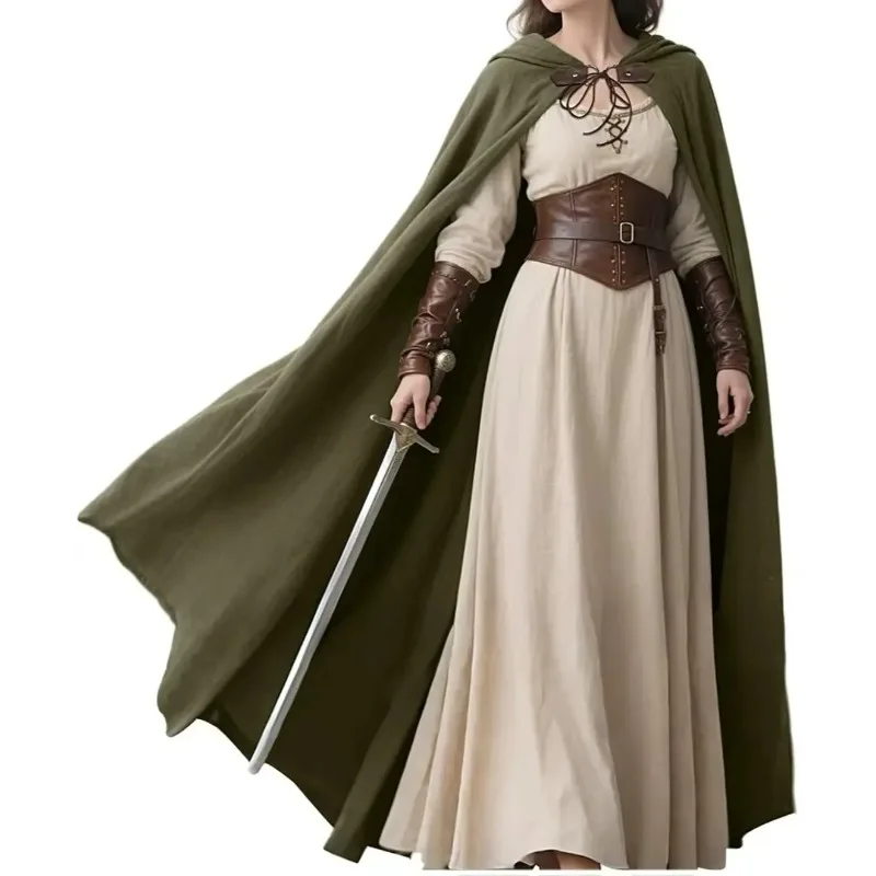 Medieval Hooded Cloak Linen Renaissance Cape Halloween Witch Wizard LARP Role Play