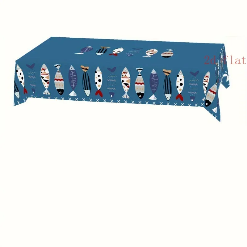 2D planar single piece - Single piece retro ocean-themed tablecloth - Bright blue sand eel and nautical patterns, yzb
