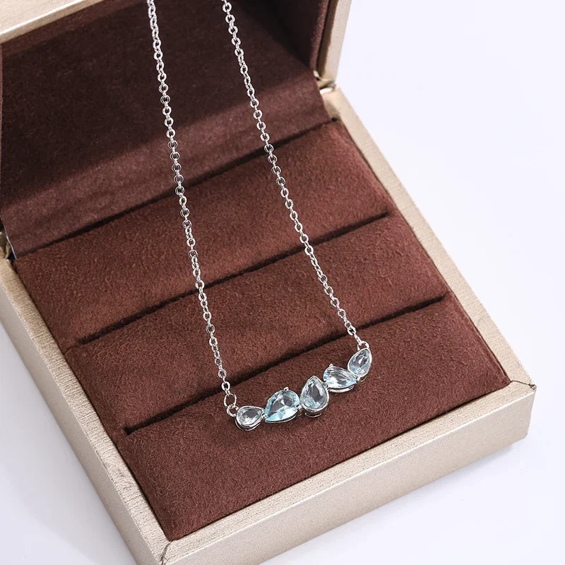 Simple Blue Zircon Pendant Fashion 925 Stamp Necklace for Women Smile Clavicle Chain Choker Necklace Diamond Necklace