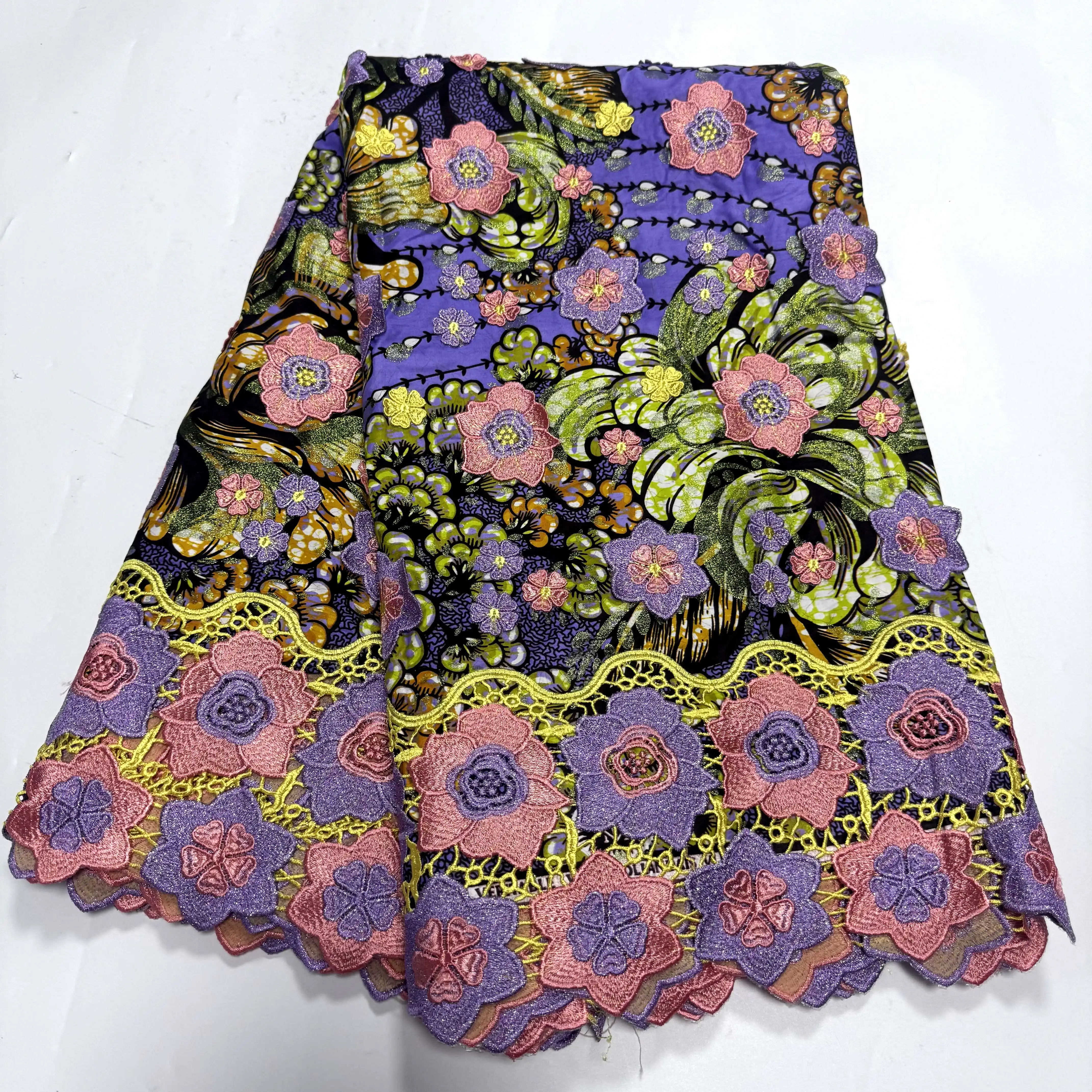 Elegant Nigerian 100% Cotton Soft Wax Lace 3D Flower Embroidery Cord 5Yards DIY Party Dress Material