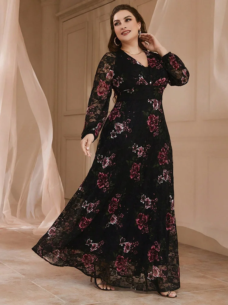 

TOLEEN 2024 New Plus Size Luxury Elegant Party Evening Dress Spring Summer Lace Mesh Floral Print Lantern Sleeve Women Clothing