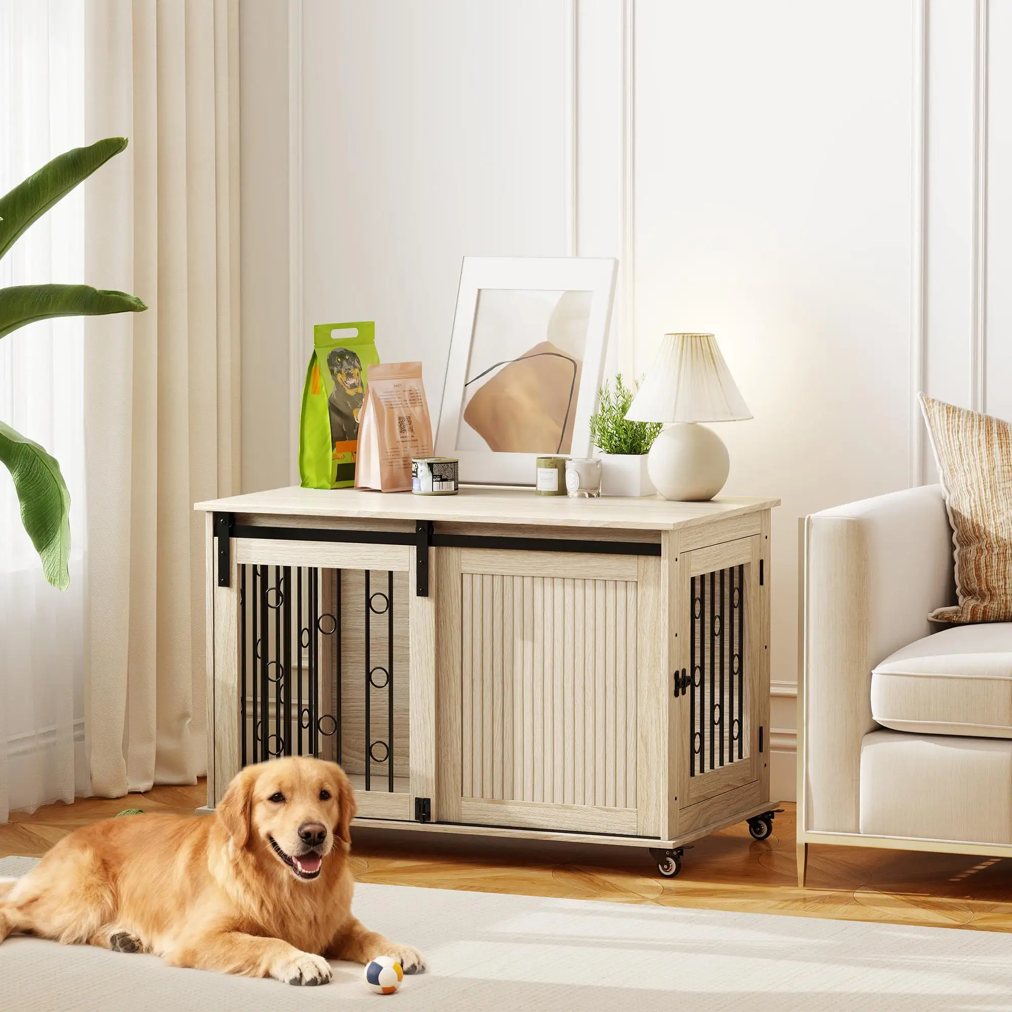 Cage moderne pour chiens, modèle Table 2, en MDF 100x56cm, avec 5 roulettes, pour chiens de 25kg environ, de taille moyenne à grande, Roblox