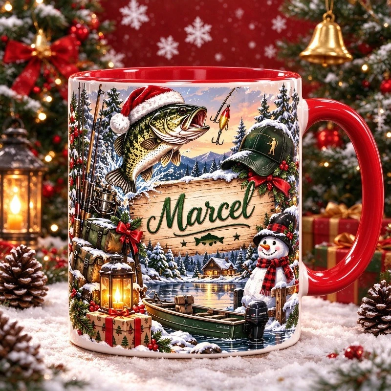 2D flat printing 1pc 11oz personalized custom name fishing christmas mug, christmas home gift for angler, hand wash only