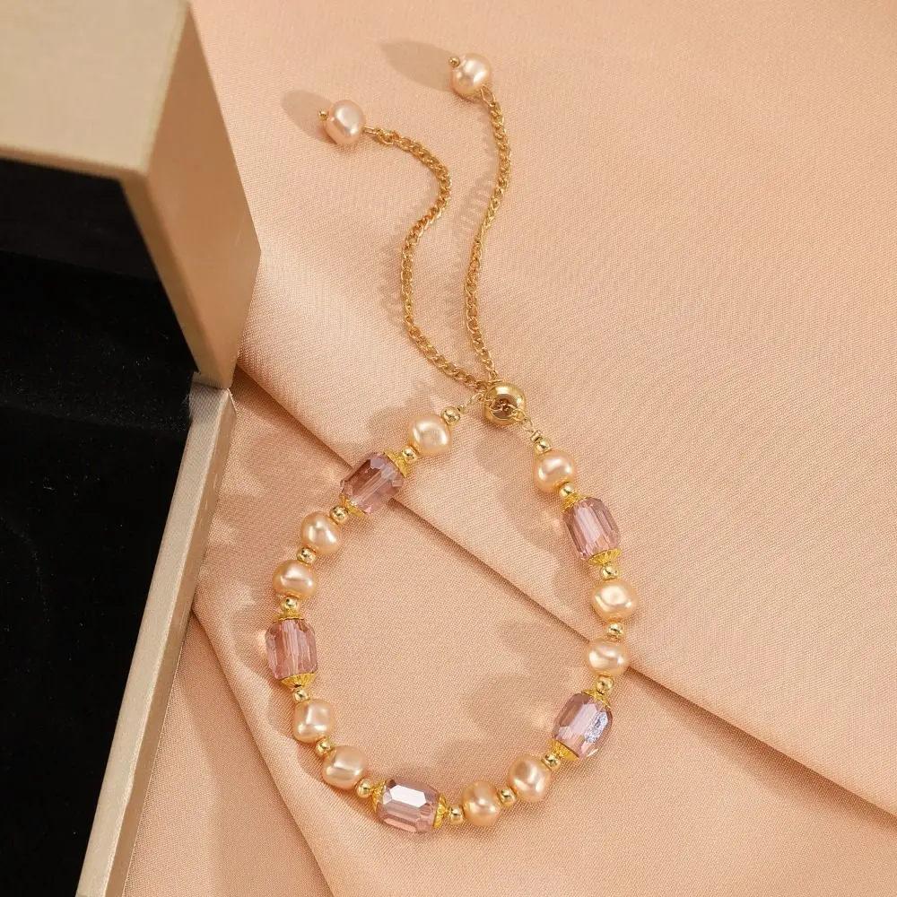 Retro Pearl Bracelet Pink Purple Imitation Pearl Beaded Bracelet Adjustable Elegant Pearl Chain Bracelet Wristband Accessories