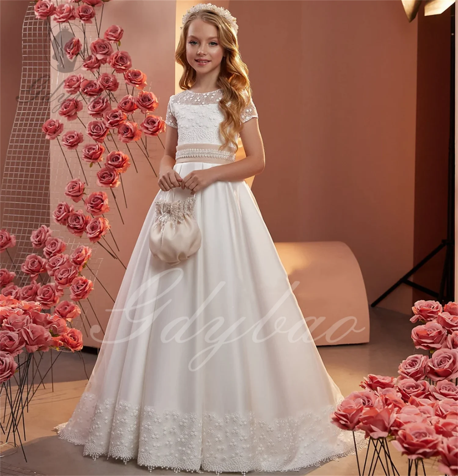 Vestido de primeira comunhão para florista, vestido de casamento infantil com lantejoulas, vestido de baile para piano para crianças