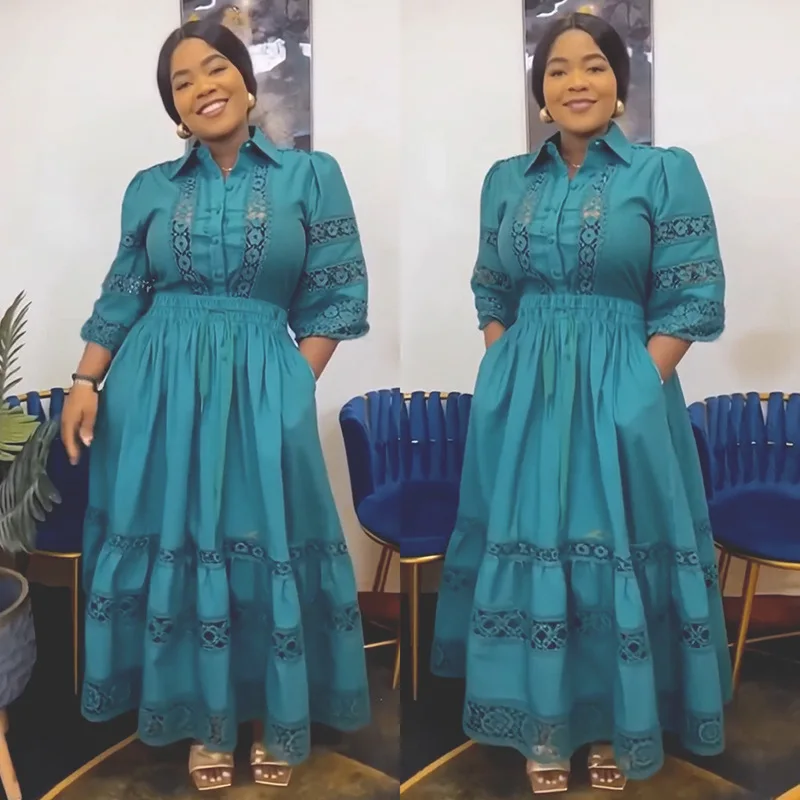 

2 Piece African Clothes for Women Summer Elegant African 3/4 Sleeve Lace Polyester Top Long Skirt Matching Sets Africa Clothing