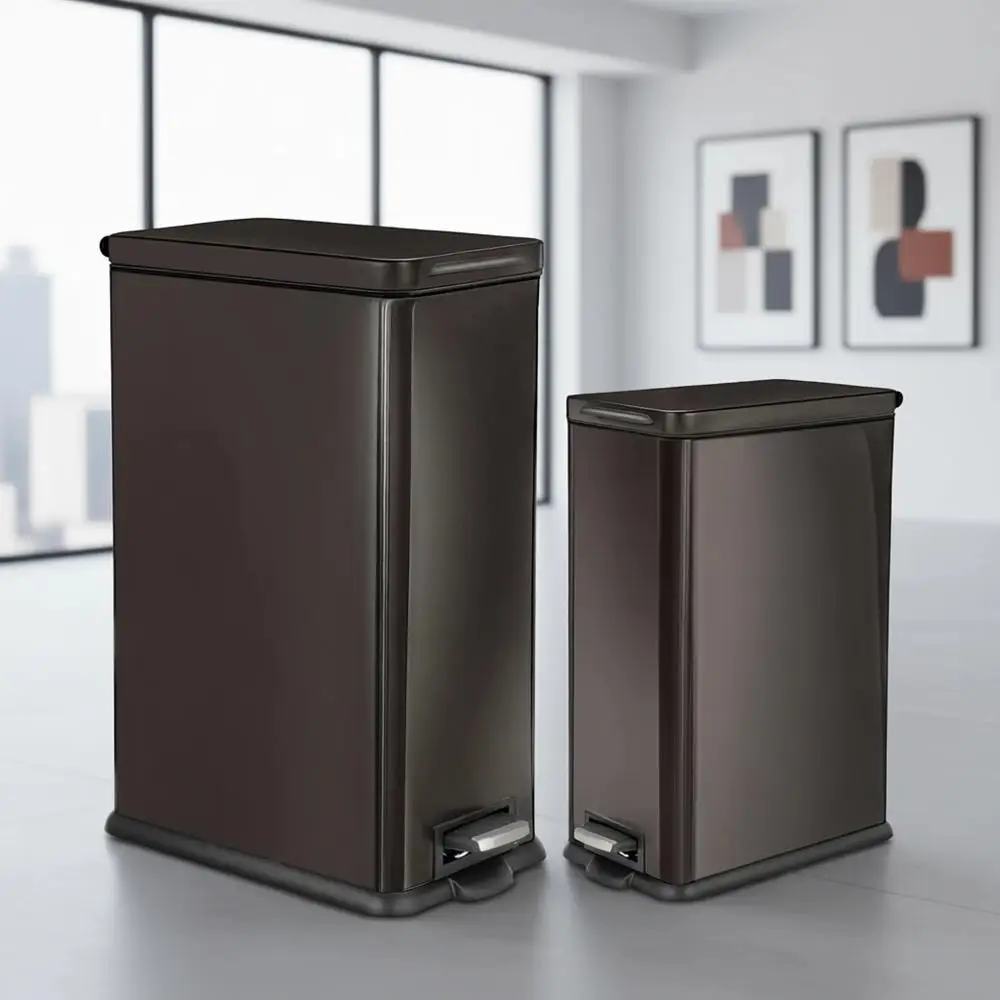 

8 & 3 Gallon Slim Black Stainless Steel Trash Can Set with Soft-Close Lid and Bag Holder