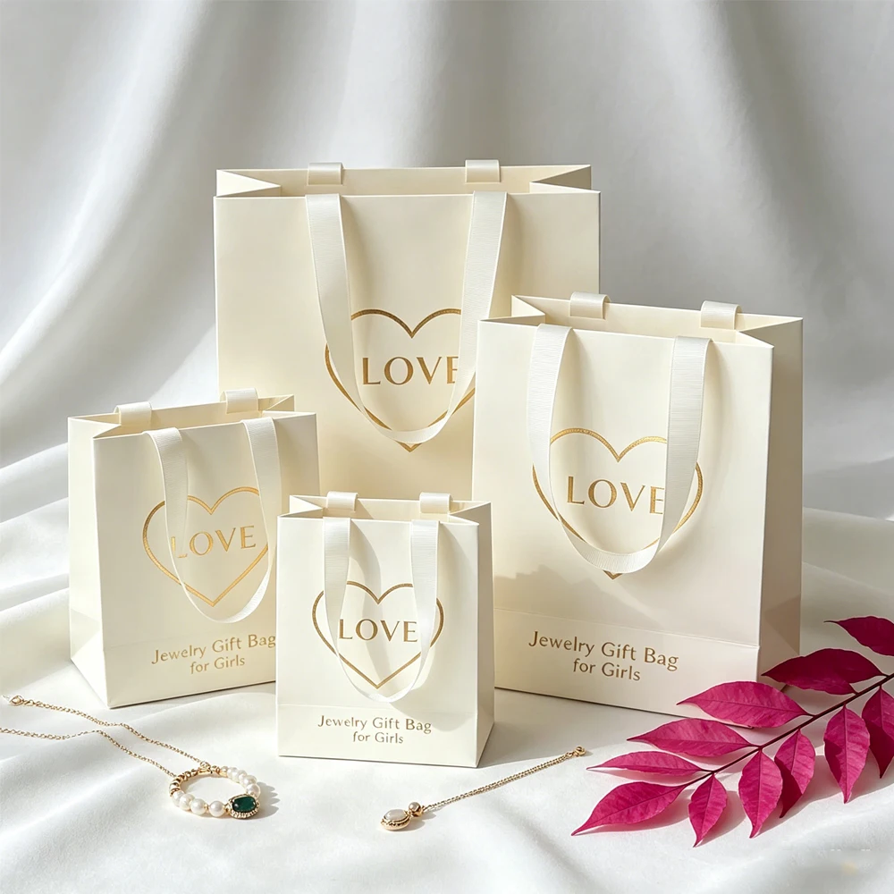 

50Pcs/Lot Customizable Jewelry Paper Handle Bags Boutique Cosmetic Earrings Tote Pouch Wedding Gift Organizer Handbag with Logo