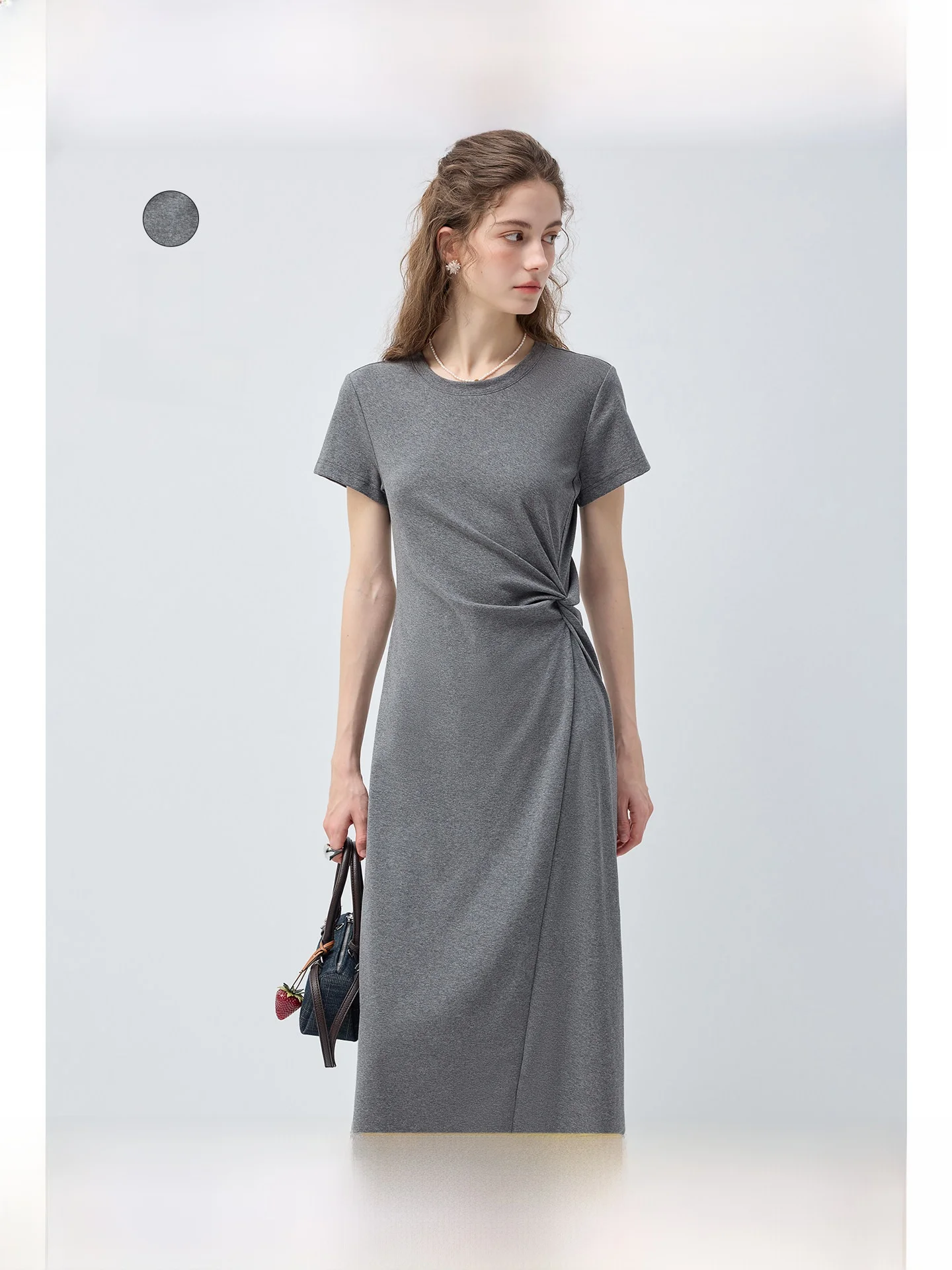 

Slimming plus Size Women's Dress Versatile Knot Waist Long Summer Dress for Plump Ladies A-Line Skirt Short Sleeve round Neck