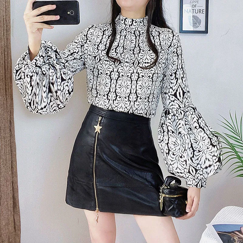 Vintage Printed Stand Collar Lantern Sleeve Blouses Women Clothing 2023 Autumn Winter Loose Casual Pullovers Office Lady Shirts