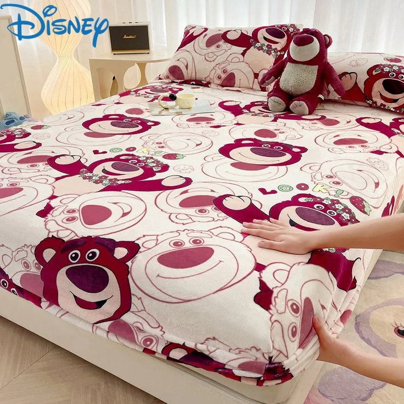 Disney Stitch Plush Fitted Sheet Cartoon Minnie Mouse Pooh Bear Anti-Slip Warm Mattress Protector  Fully Enclosed Bed Cover