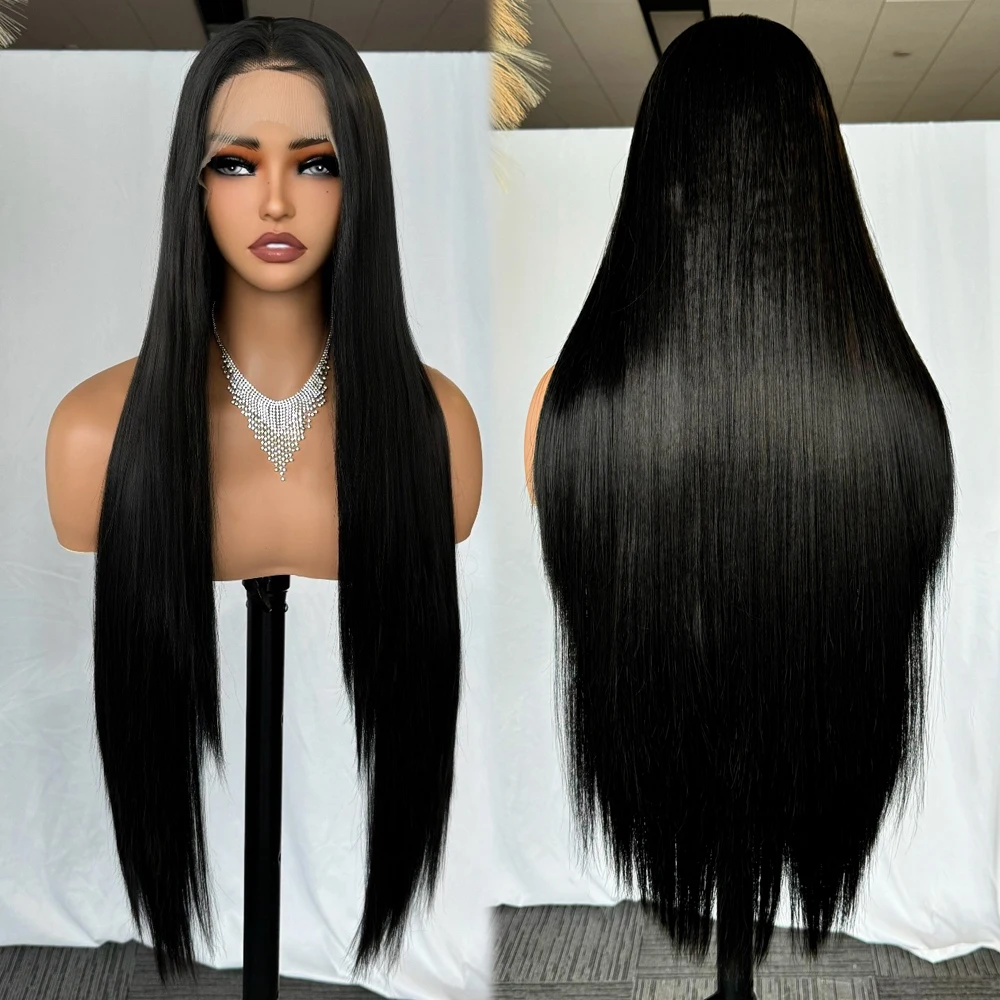 x-tress-black-colored-32inch-long-straight-layered-wigs-13x6-lace-frontal-free-part-synthetic-hair-wig-with-baby-hair-for-women