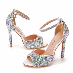 Wysokie obcasy buty wsuwane damskie ślubne czółenka sandały Rhinestone PU 11CM na cienkim obcasie ślubne Sexy damskie buty białe