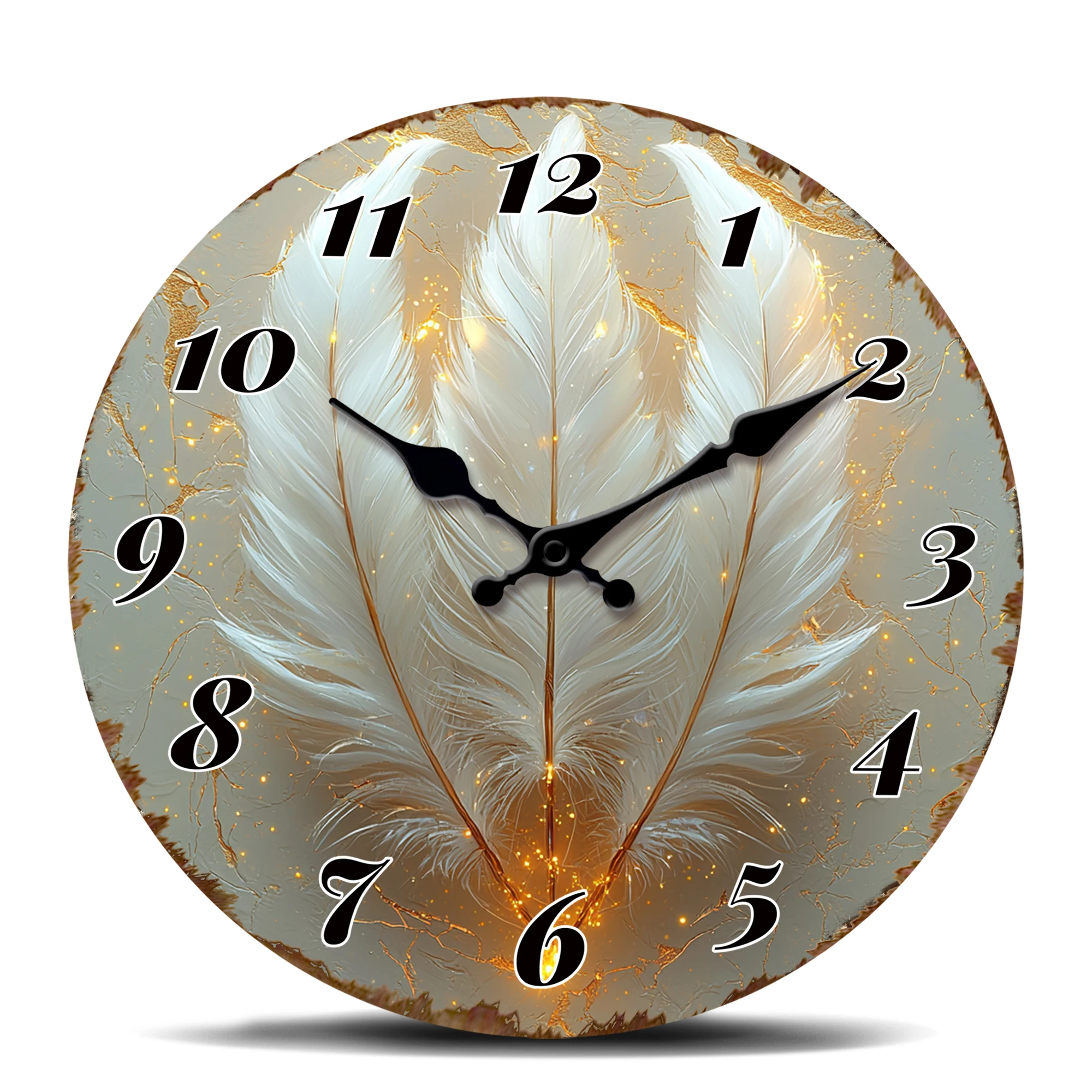 Elegante runde Wanduhr mit weißen Federn, goldenes glitzerndes Akzentdesign, wasserdichte, beschlagfreie Glasabdeckung, dekorative Wanduhr