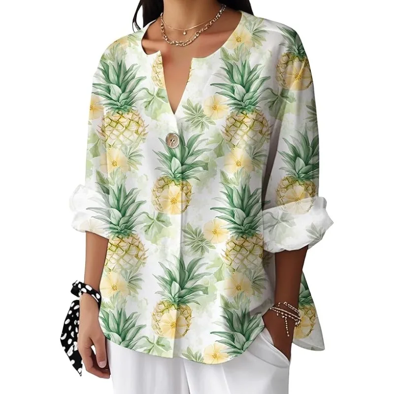 

Women's Summer Shirts, Retro Temperament, Flowers, Pineapple, Coconut, Bamboo Print, Pattern Tops, V-Neck Long Sleeve Shirts