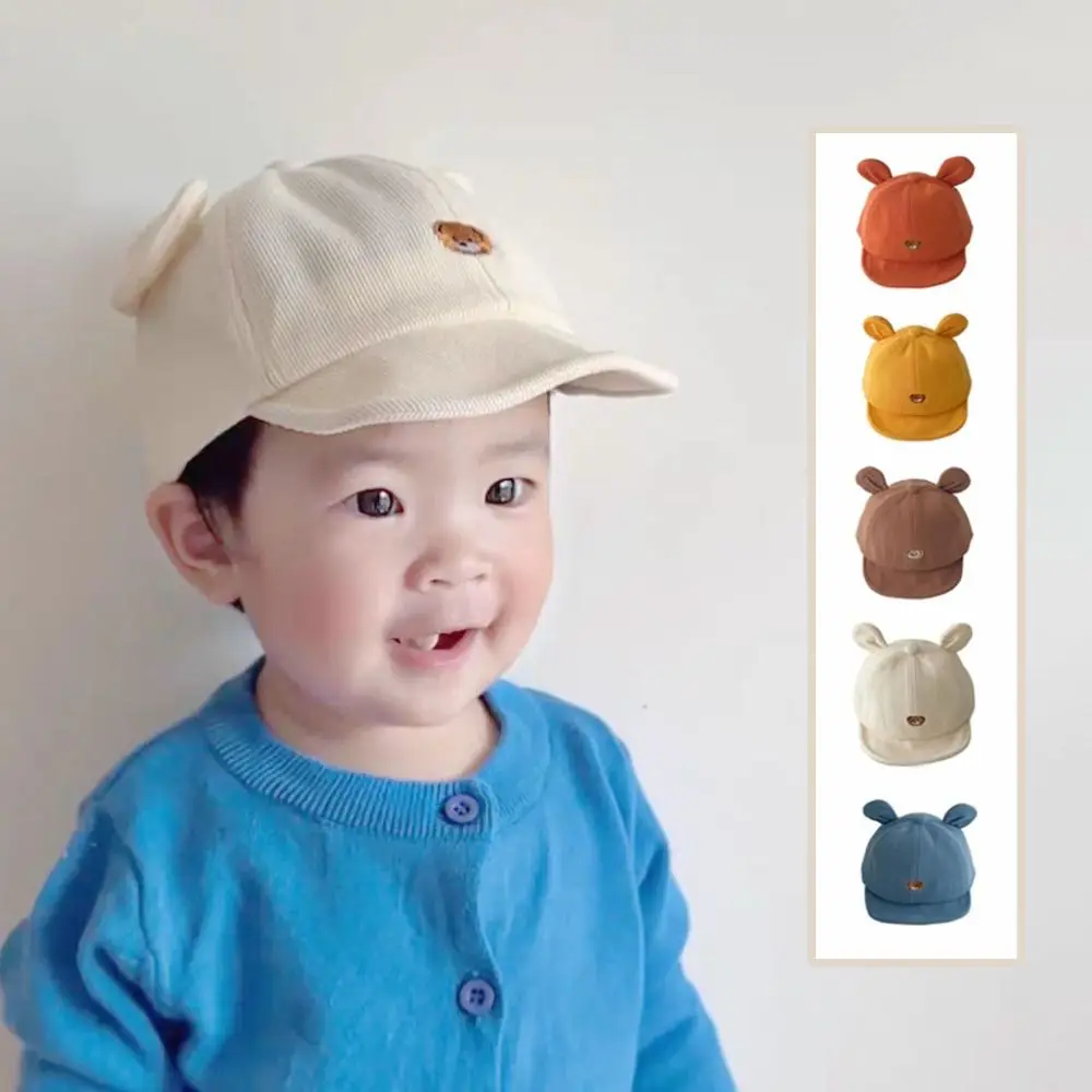 

Warm Adjustable Kids Fisherman's Hat Cartoon Bear Ear Baby Visor Hat Solid Color Embroidered Baby Sunhat Boys