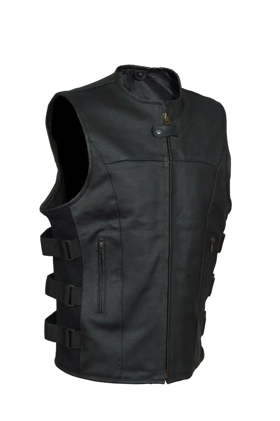 Men's Motorcycle Swat Style Tactical Cow Hide Mild Leather Biker Waistcoat Single-Breasted Side Zipper Vest