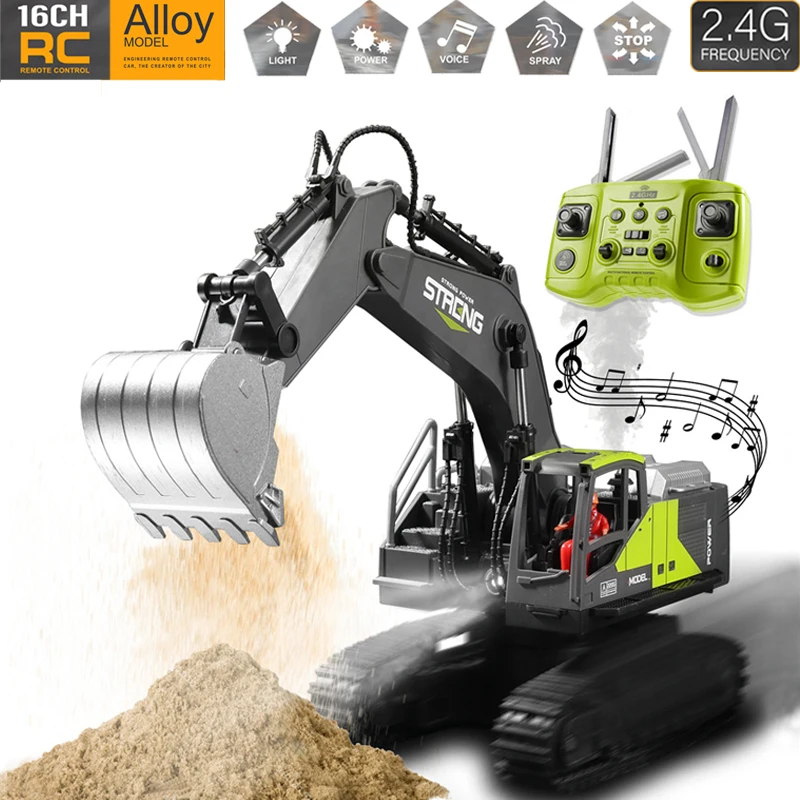 RC Excavator 2.4Ghz 16 Channel 1:16 RC Engineering Car with Light and Music Alloy & Plastic Simulation Construction Vehicle Toys