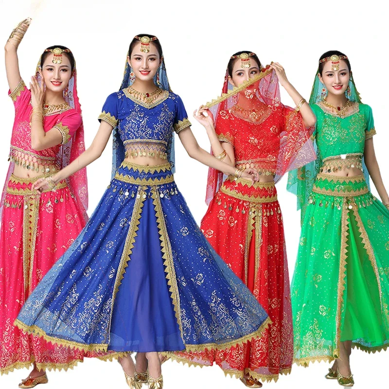 

Women India Belly Dance Costumes Set New Sexy Sari Outfit Bollywood Egypt Belly Dance Stage Performance Chiffon Sequin Top Skirt