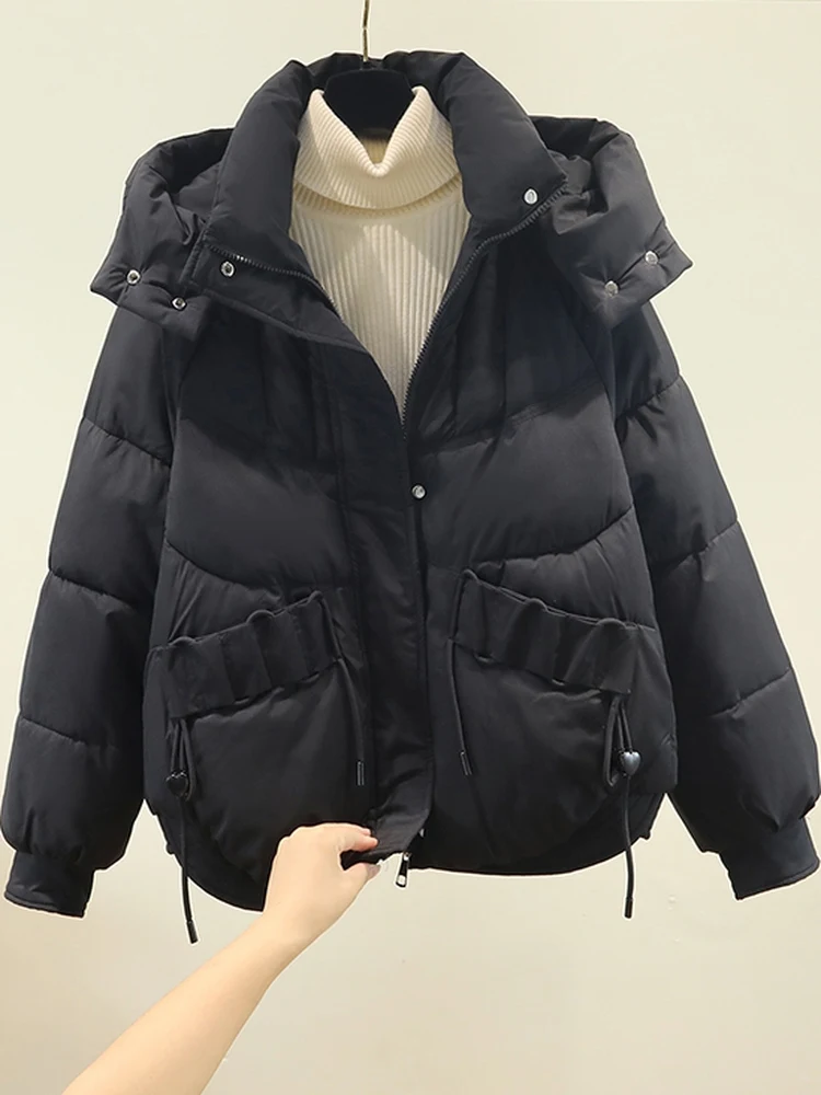 

Женская повседневная утепленная куртка свободного кроя с отстегивающимся капюшоном, в корейском стиле, на пуговицах и молнии, из хлопка и полиэстера